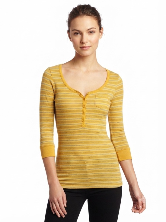 Aeropostale Tops - Aeropostale Yellow Striped Henley Scoop-Neck Top